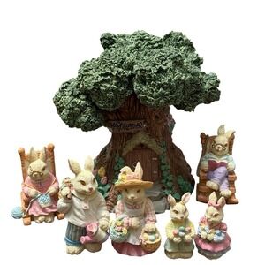 Vintage Easter Village Set 7Pc Bunny & Lighted Tree House Light Works